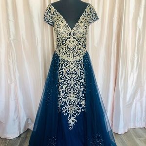 Jovani Navy/Gold Cap Sleeve Embellished Tulle Gown